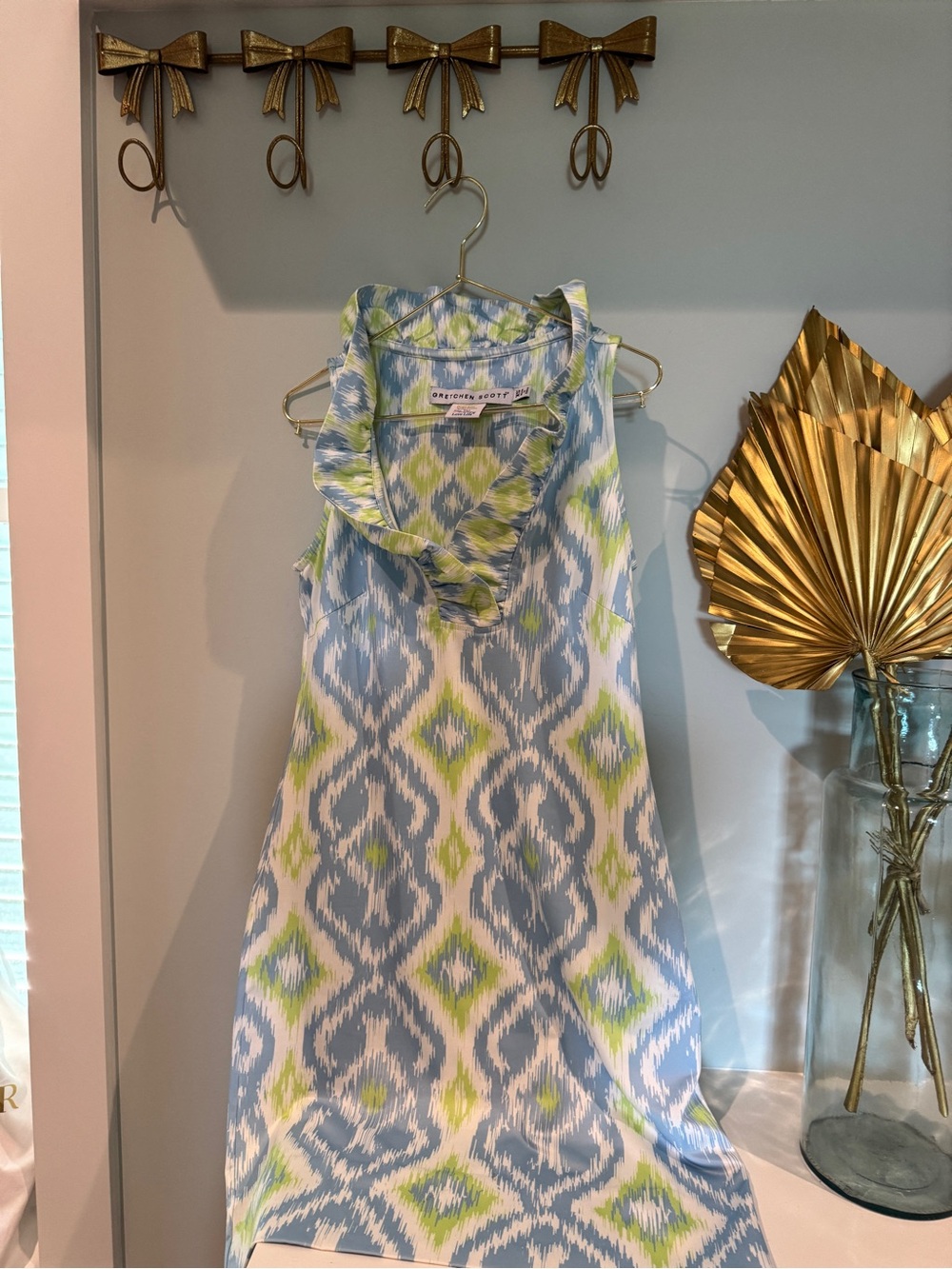 Gretchen Scott Designs Blue & Lime Green Ikat Sleeveless Ruffle Neck Shift
